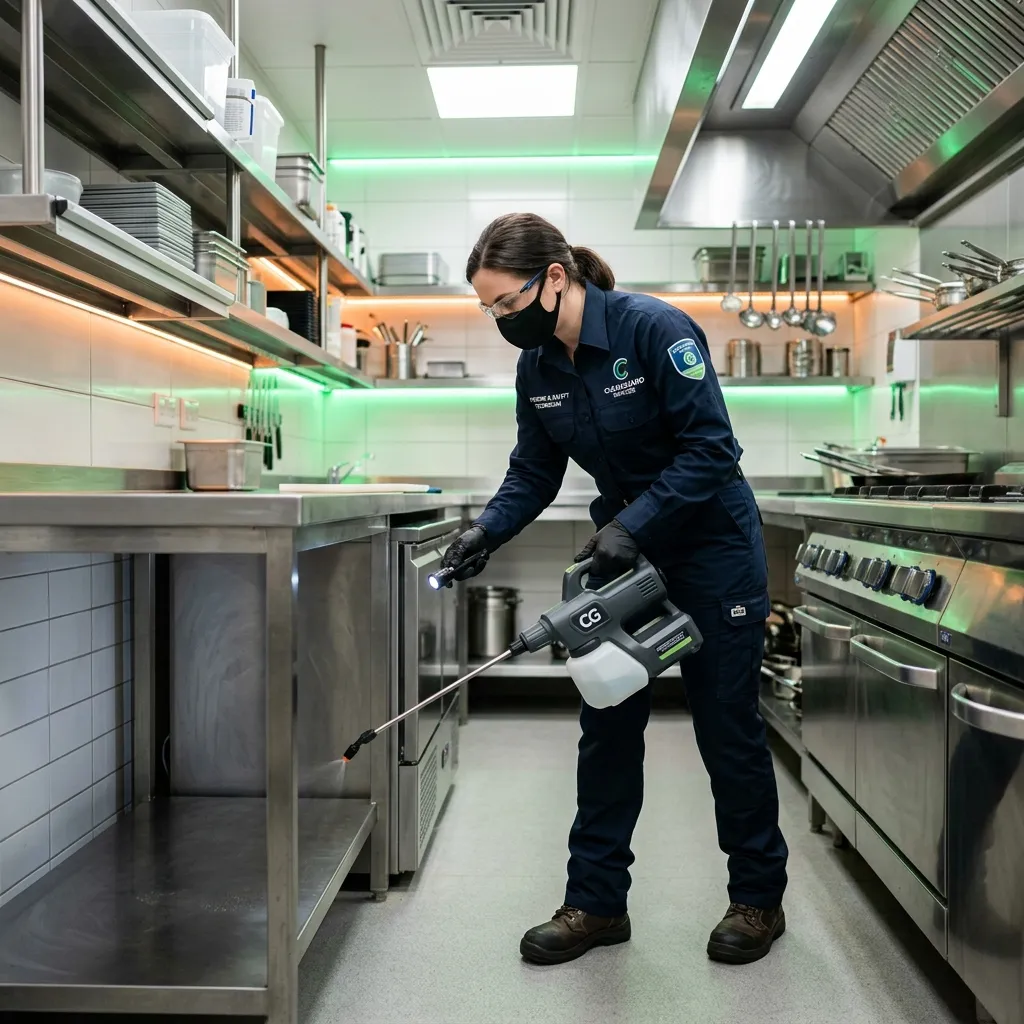 Especialista en control de plagas aplicando gel insecticida en cocina comercial