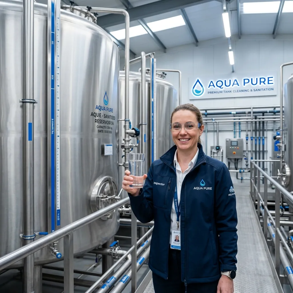 Inspectora técnica con muestra de agua de red frente a un tanque de agua industrial de acero inoxidable